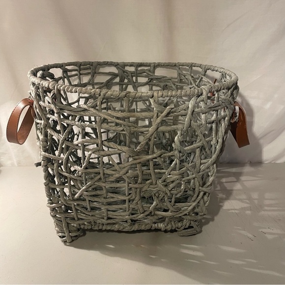 Source Unknown Other - Woven gray Basket with brown Leather Handles width 14” deep 11” 4 metal feet